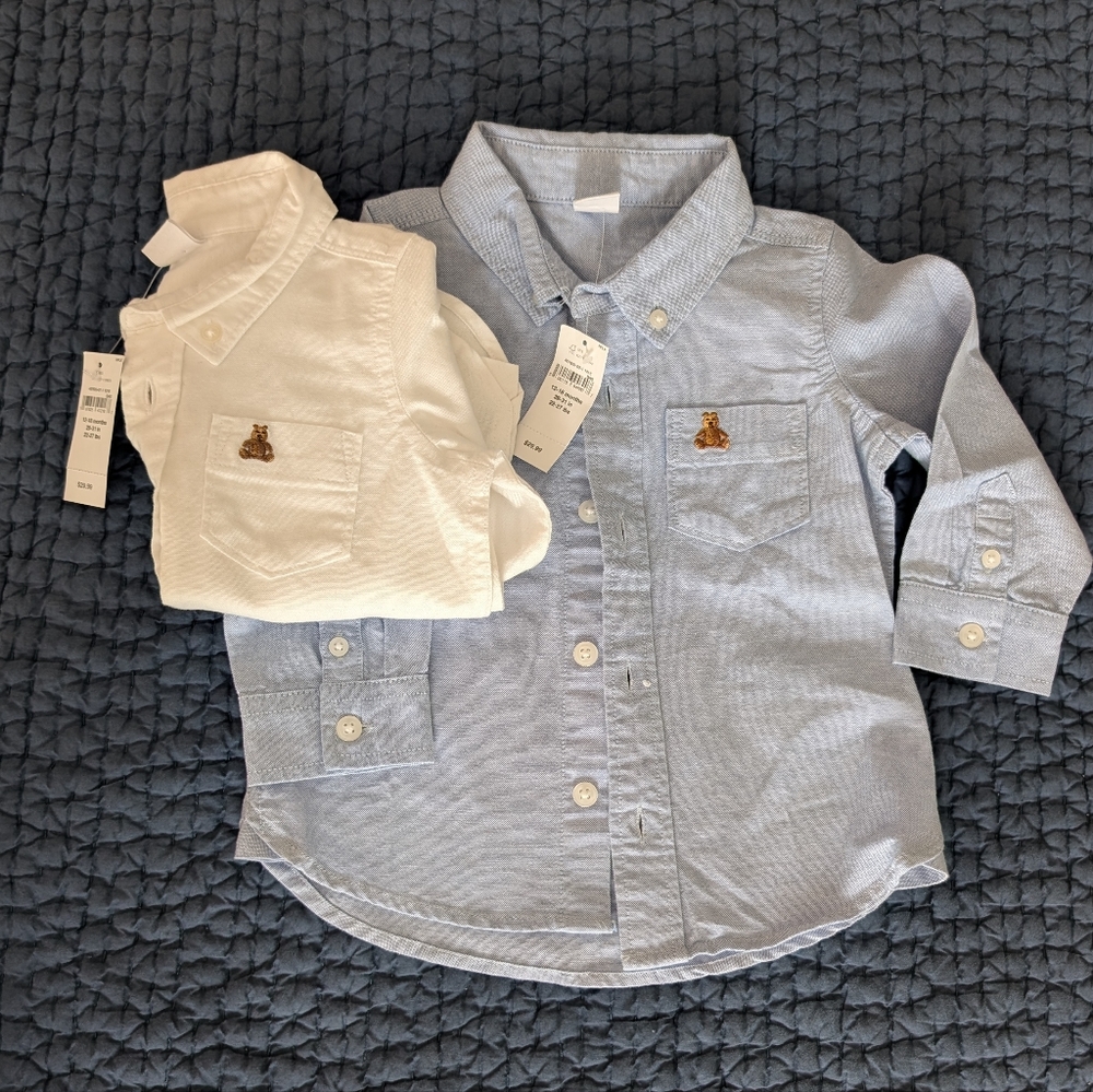 Two BabyGAP Classic White and Blue Button-Up Shirts, NWT